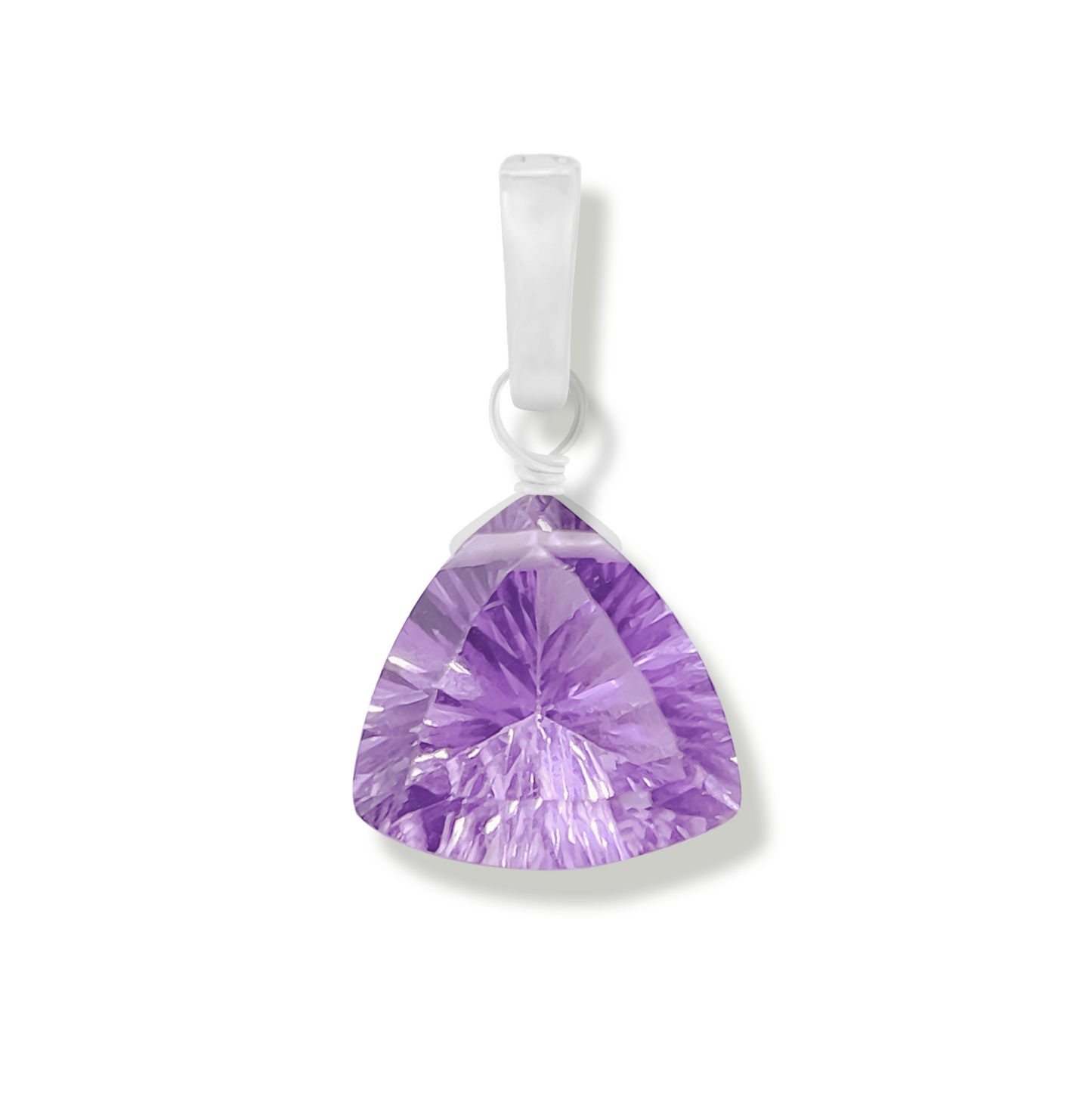 brazilian pink amethyst trillion cut gemstone charm on a white background.