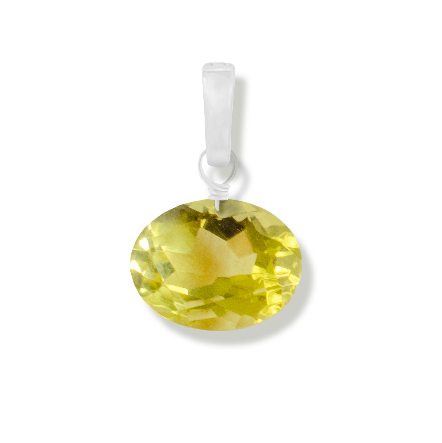 Lemon quartz oval cut charm on a white background.