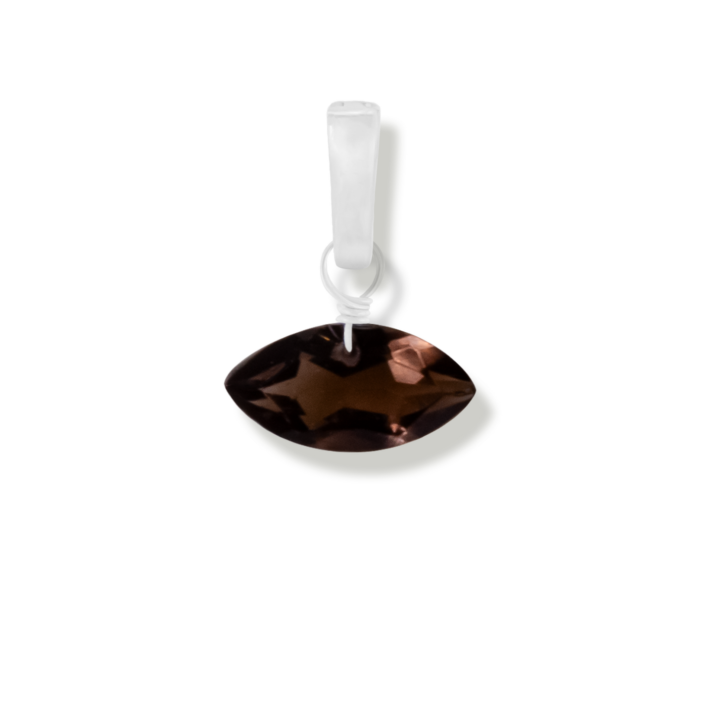 smoky quartz marquise cut gemstone charm on white background.