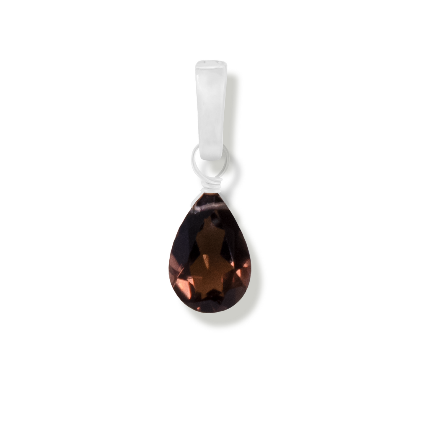 smoky quartz pear cut gemstone charm on white background.