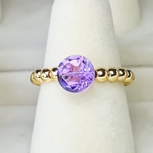 Amethyst Round Cut Gold Bead Cocktail Ring