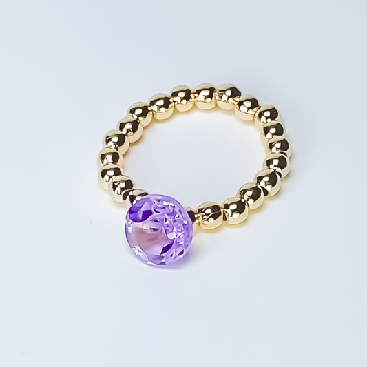 Amethyst Round Cut Gold Bead Cocktail Ring