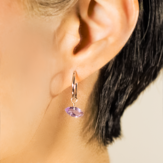 Brazilian Pink Amethyst Marquise Cut Rhodium Hoop Earrings