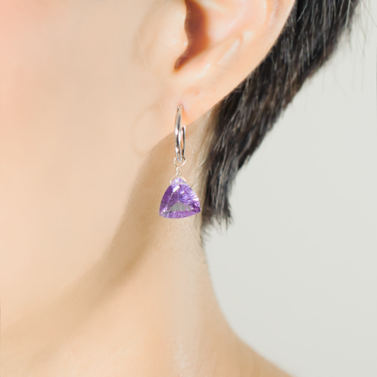 Brazilian Pink Amethyst Trillion Cut Rhodium Hoop Earrings