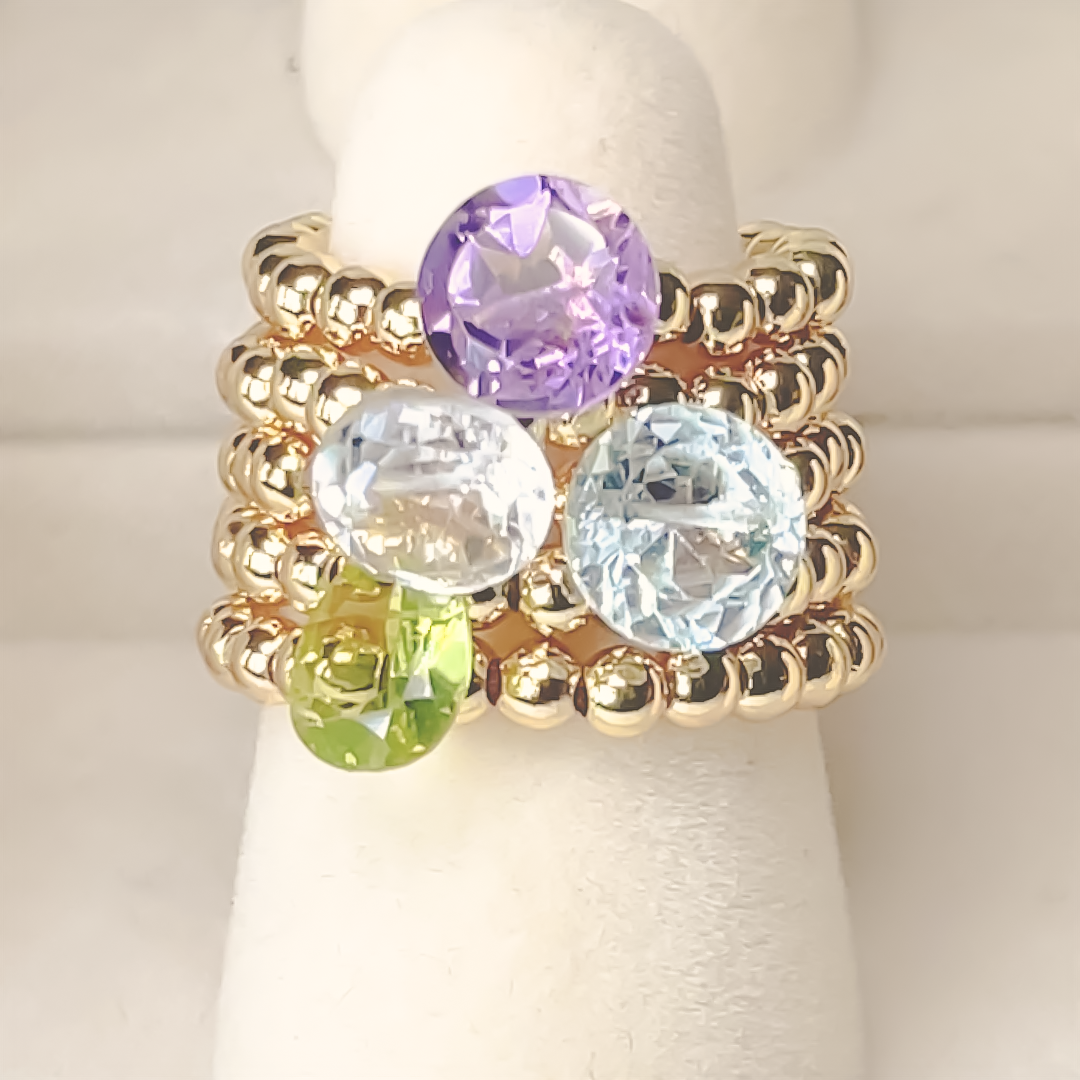 Amethyst Round Cut Gold Bead Cocktail Ring