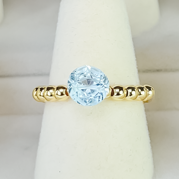 Blue Topaz Round Cut Gold Bead Cocktail Ring