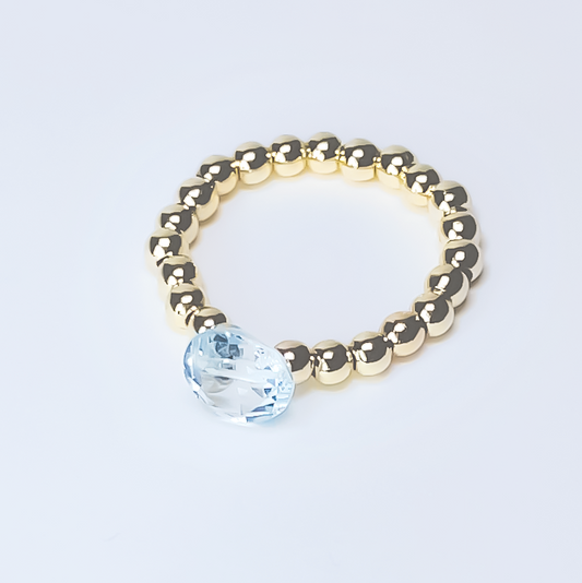 Blue Topaz Round Cut Gold Bead Cocktail Ring