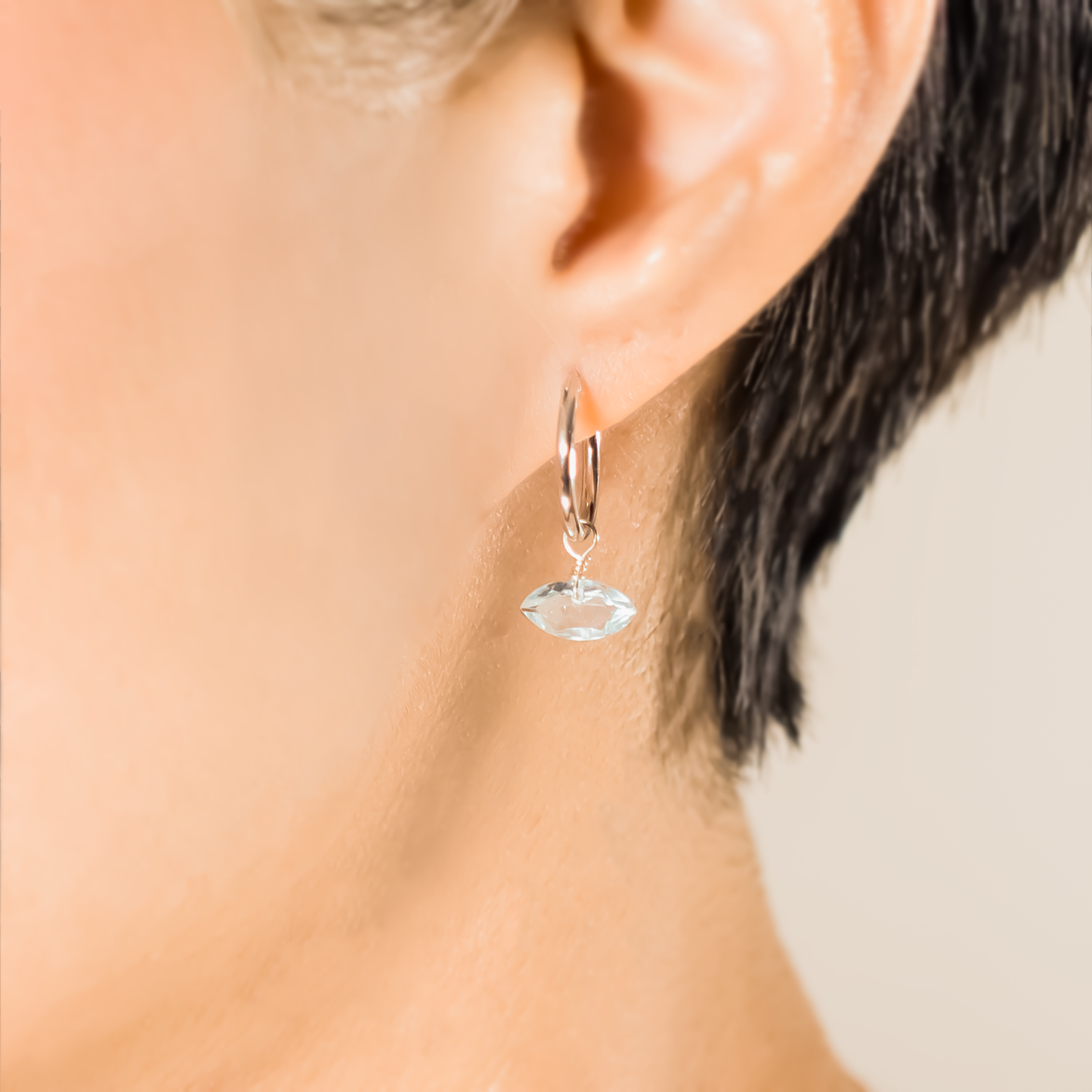 Blue Topaz Marquise Cut Rhodium Hoop Earrings