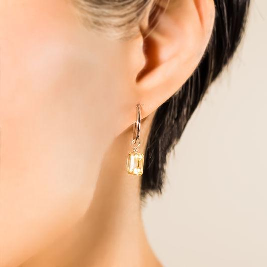 Citrine Emerald Cut Rhodium Hoop Earrings