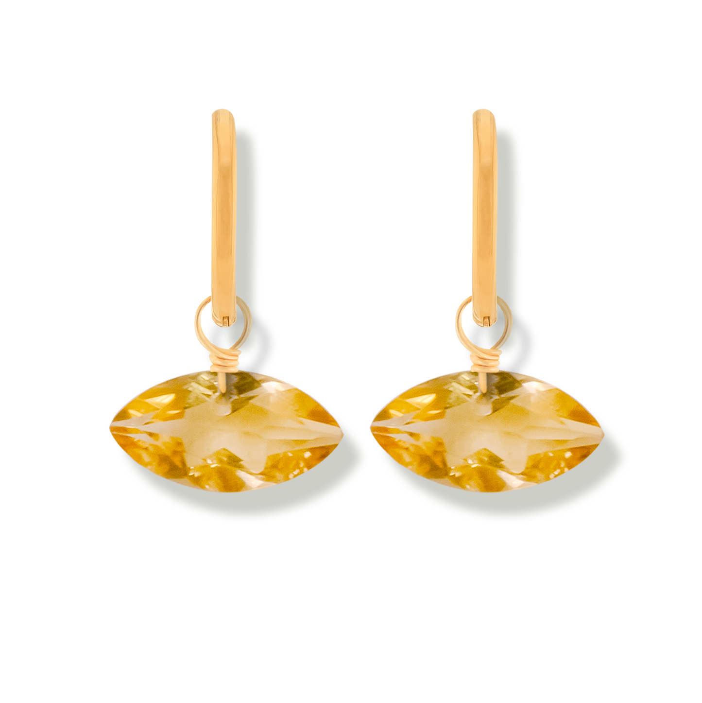 Pair of lemon quartz marquise-shaped 14k gold-filled hoop earrings on a white background
