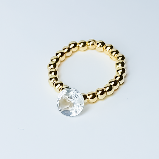 Rock Crystal Round Cut Gold Bead Cocktail Ring