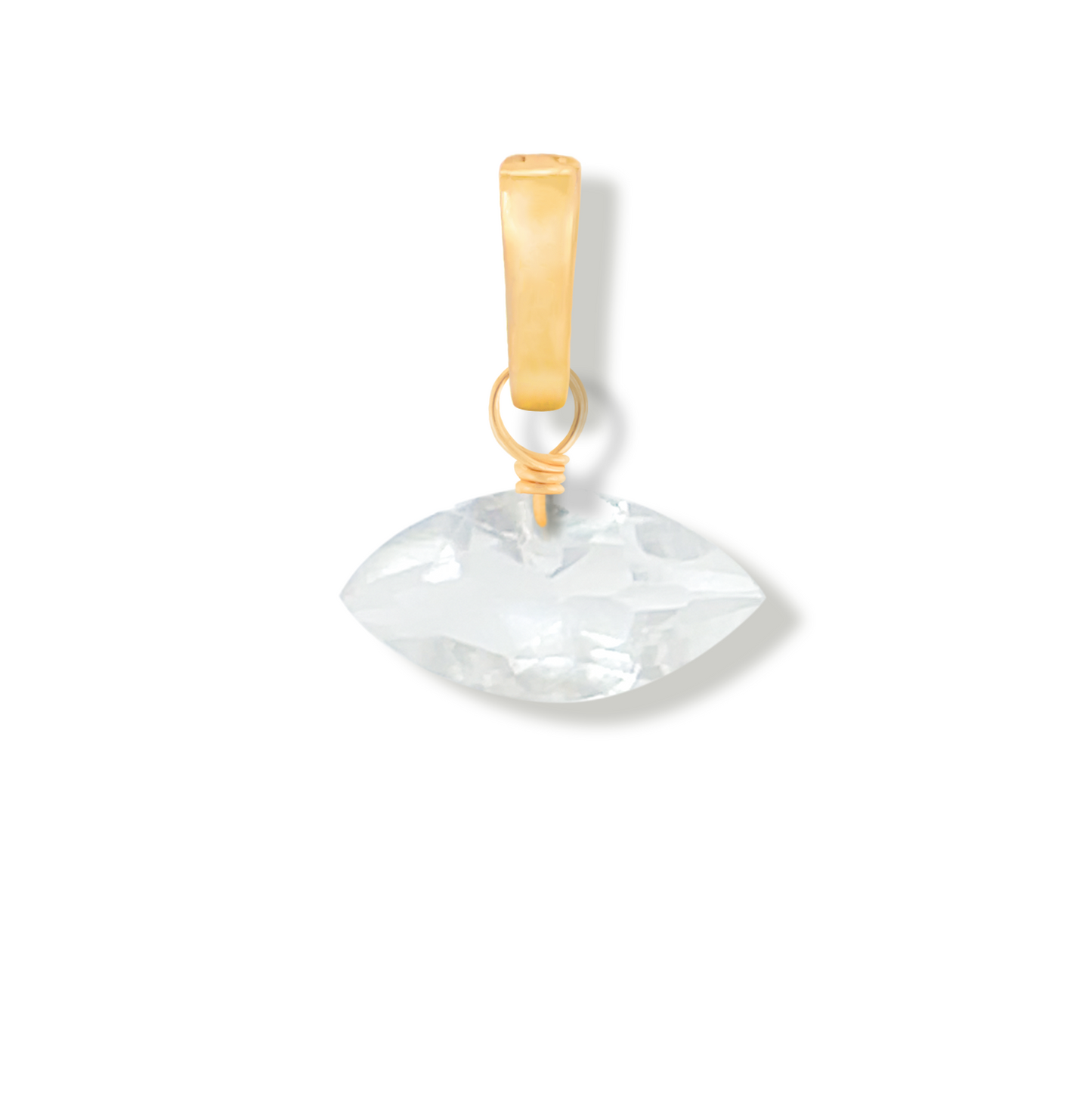 Gold pendant with a rock crystal marquise cut gemstone on a white background