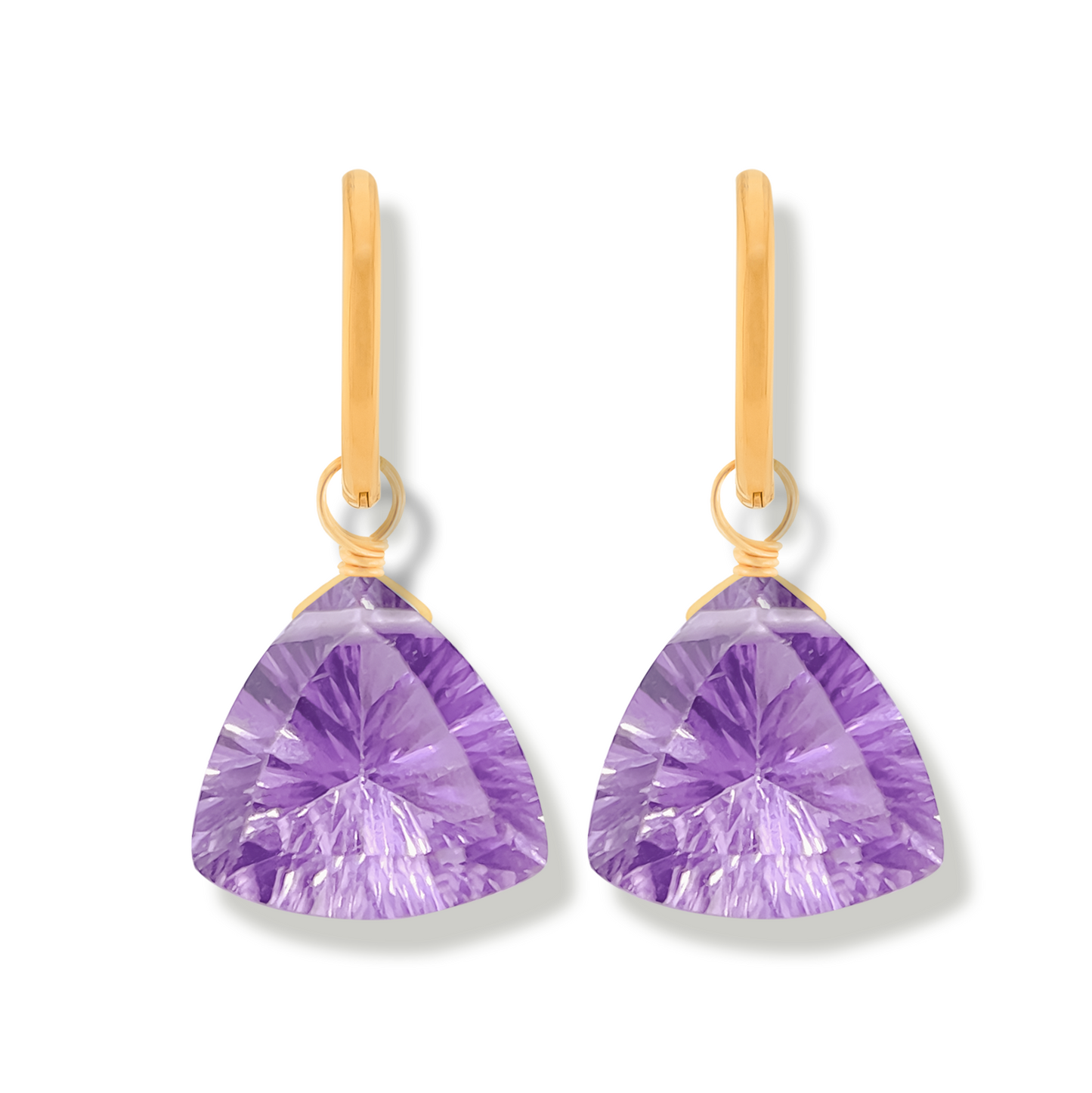 Pair of brazilian pink amethyst gemstone earrings with 14k gold -filled hoops on a white background