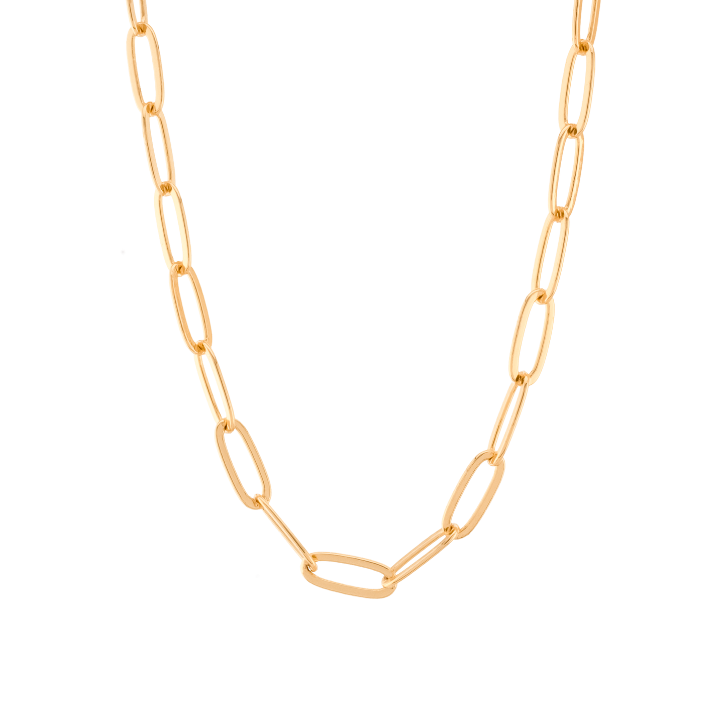 Gold paperclip chain necklace on a white background