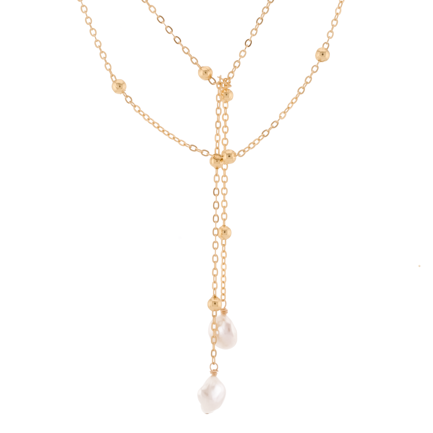 Gold necklace with pearl drops on a white background