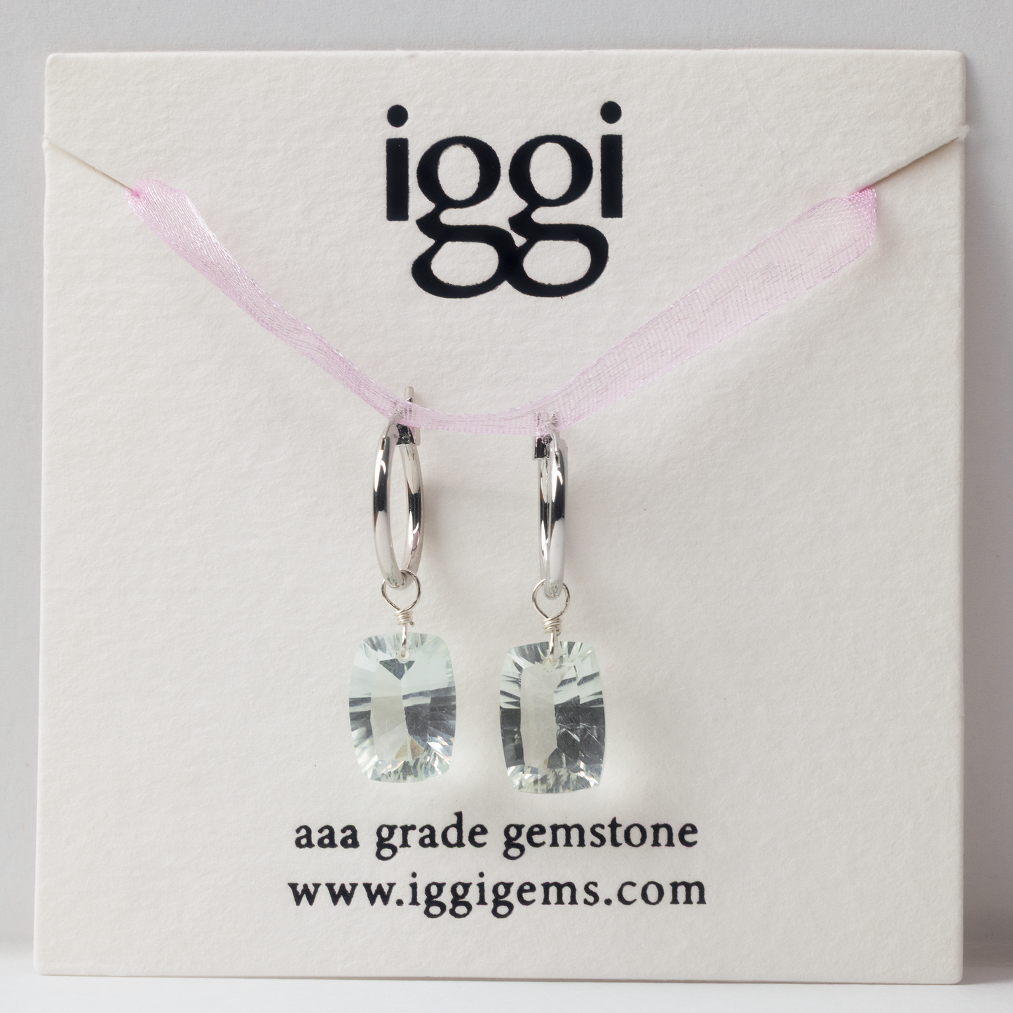 Green Amethyst Rectangle North South Cut Rhodium Hoop Earring