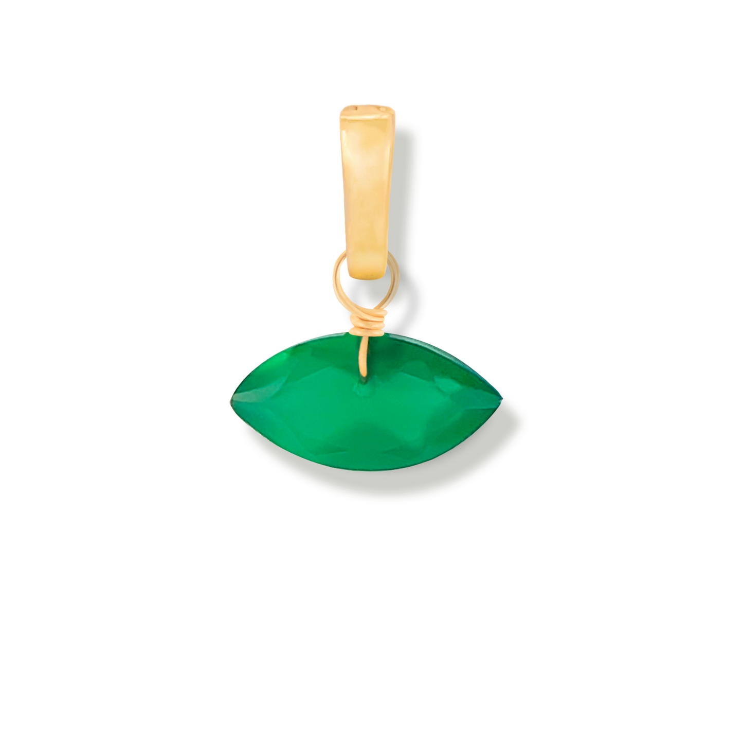 Gold pendant with a green onyx marquise cut gemstone on a white background