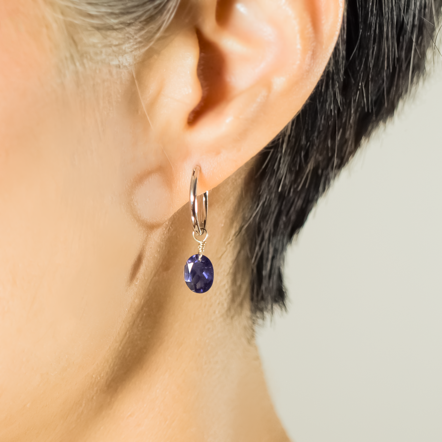 Iolite Oval Cut Rhodium Hoop Earrings
