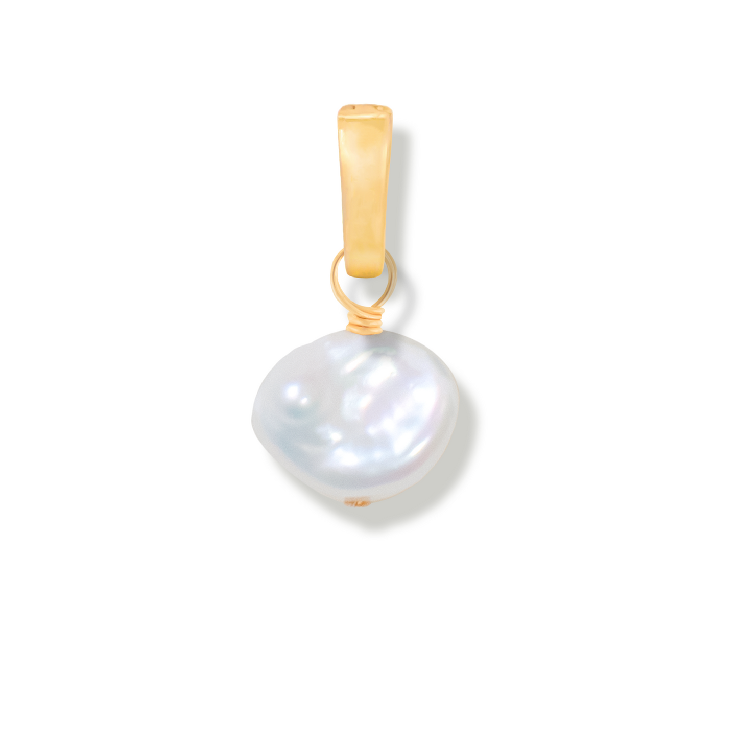 Gold pendant with a keishi pearl on a white background
