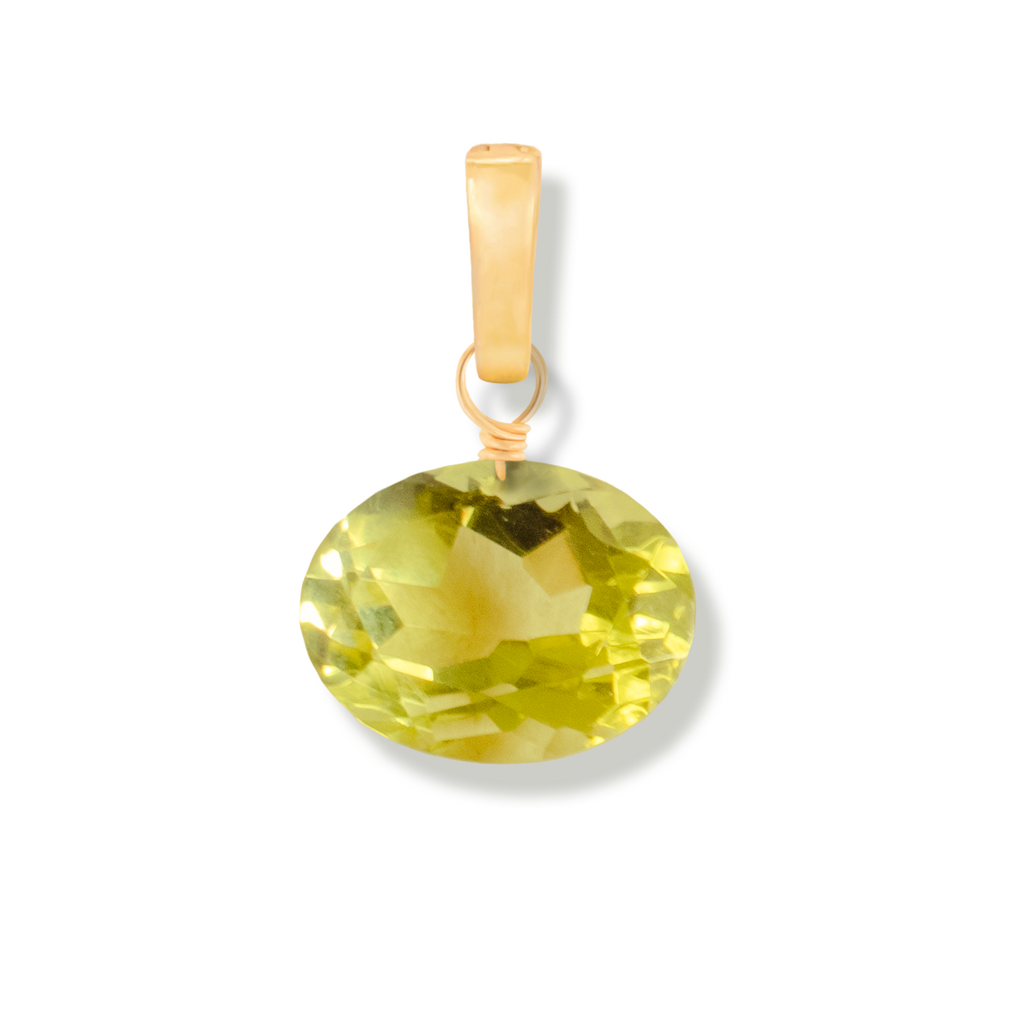 Gold pendant with a lemon quartz oval cut gemstone on a white background
