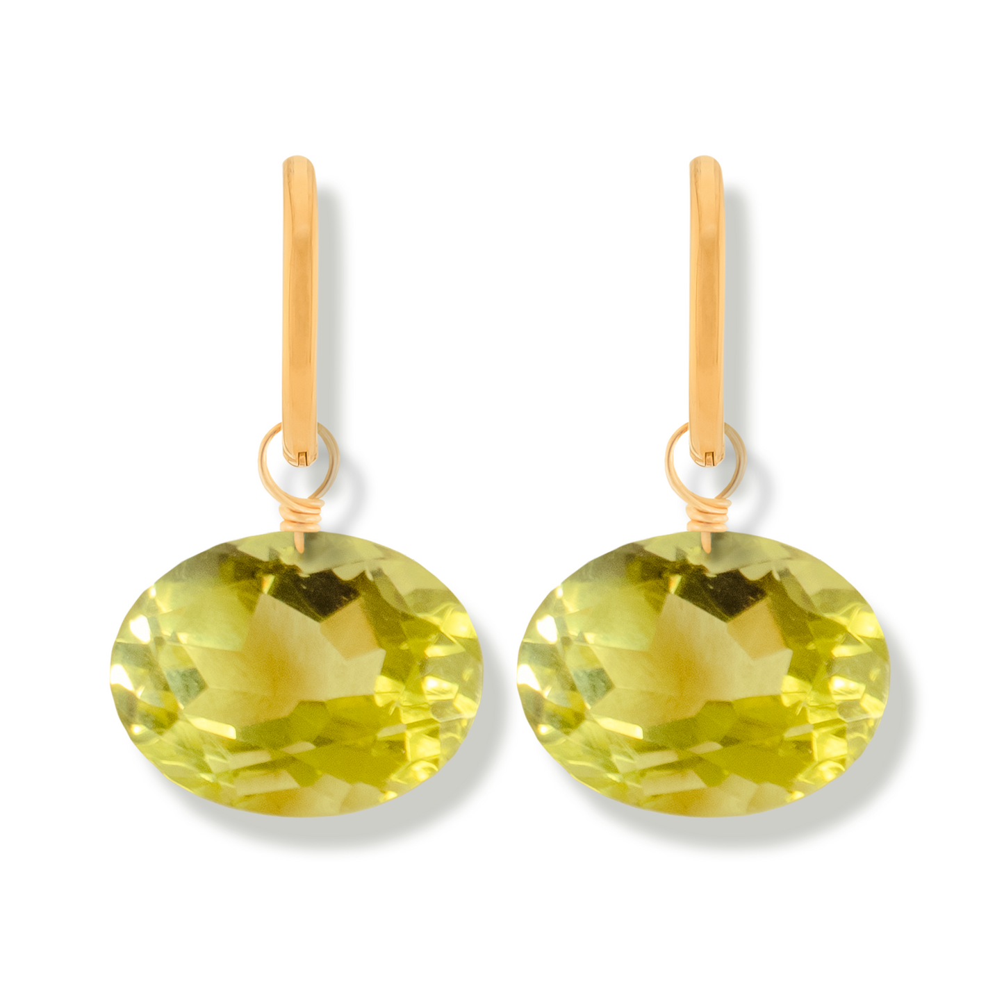Pair of lemon quartz oval cut gemstone 14k gold-filled earrings on a white background