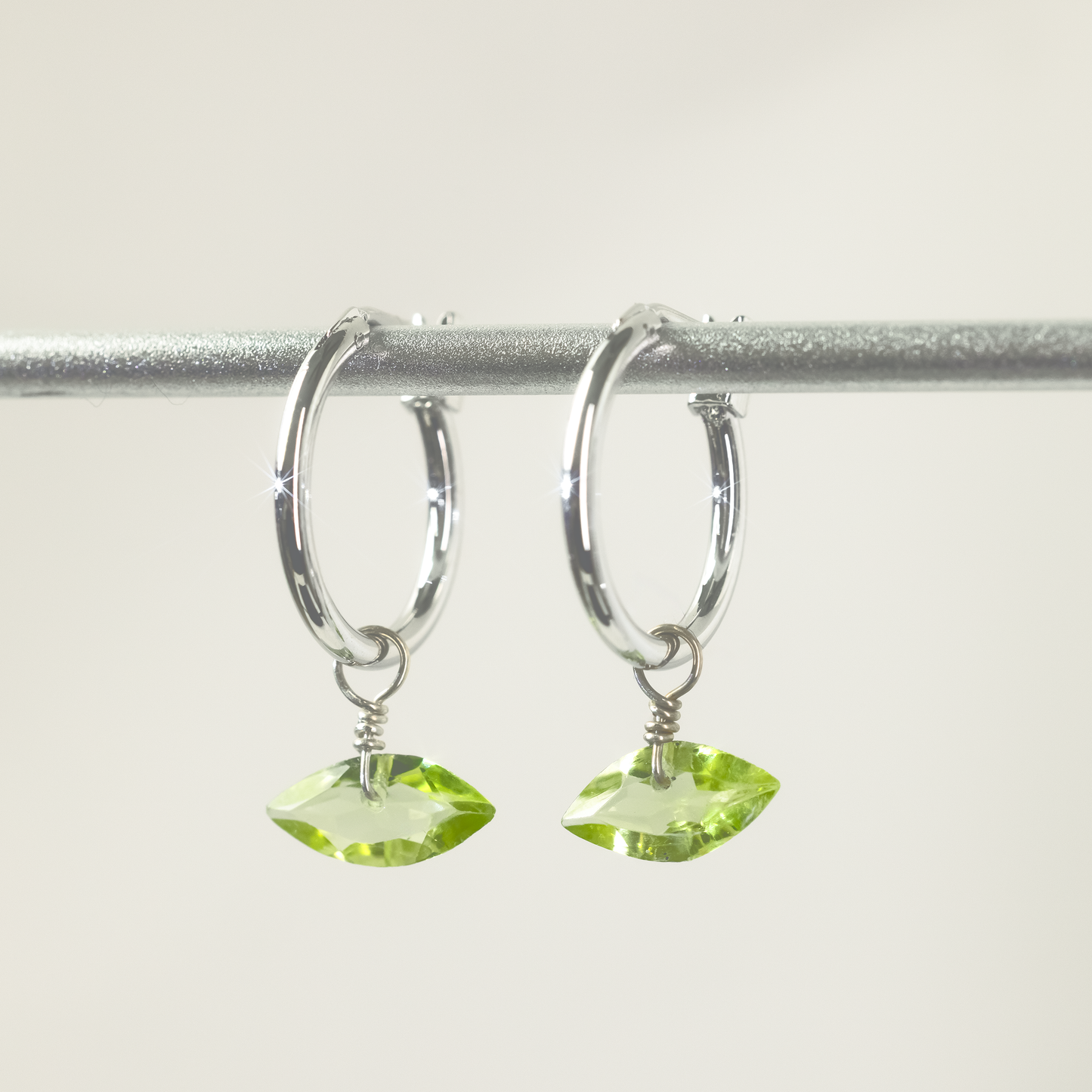 Peridot Marquise Cut Rhodium Hoop Earrings