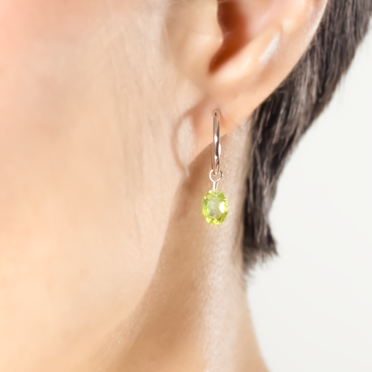 Peridot Oval Cut Rhodium Hoop Earring