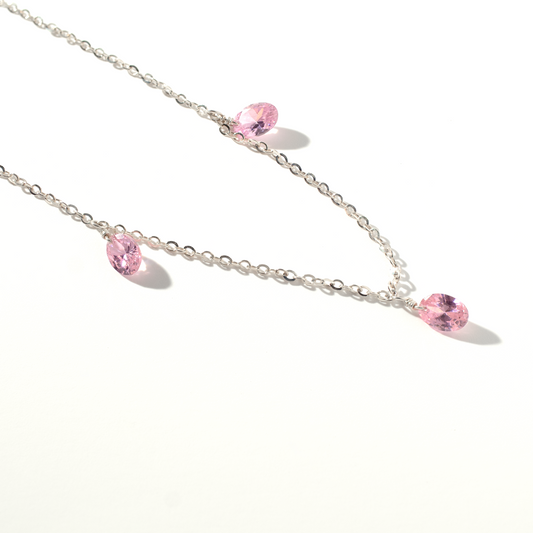 Pink Topaz 3 Station Sterling Silver Necklace