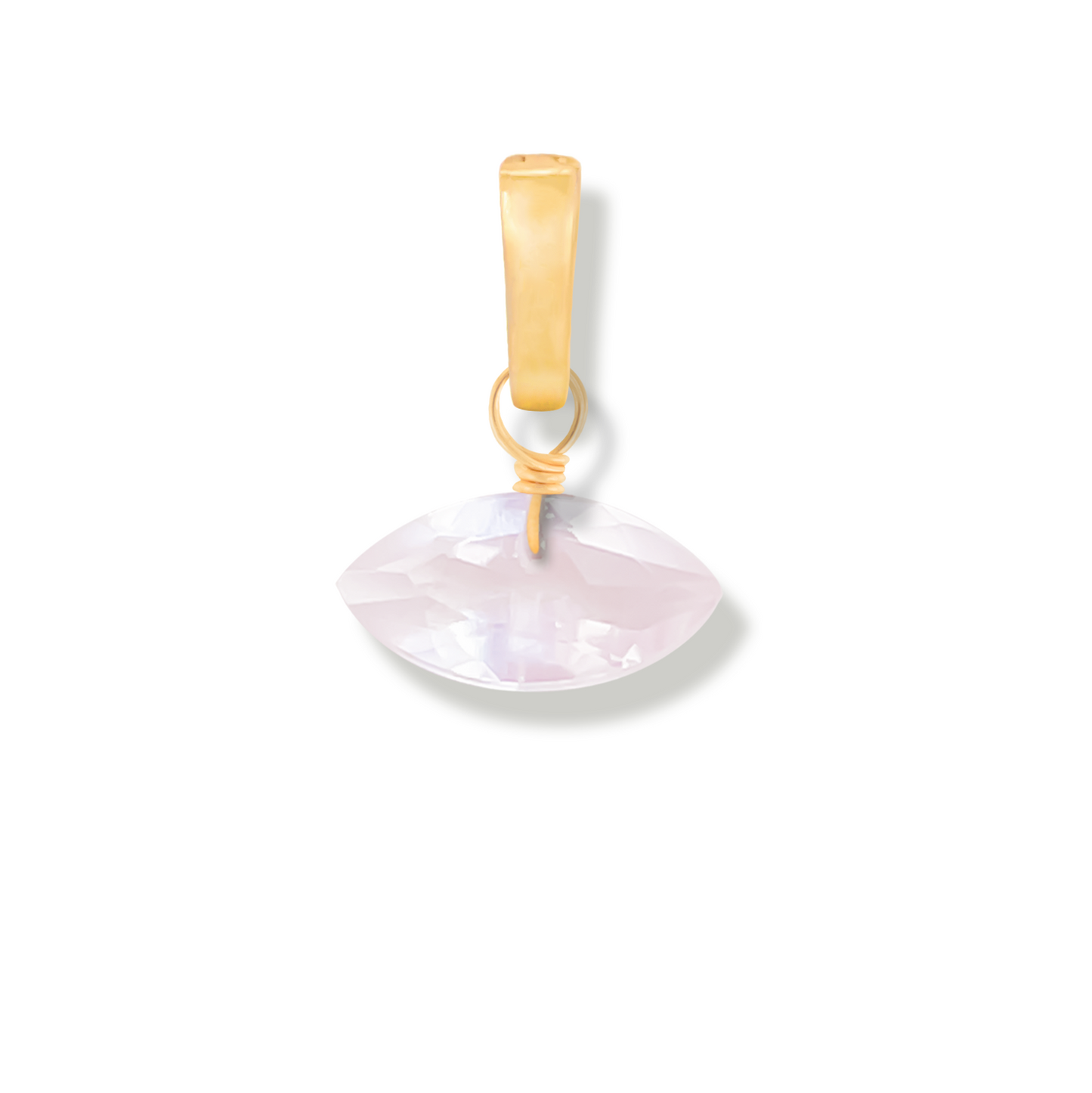 Gold ring with a rose quartz marquise cut gemstone on a white background
