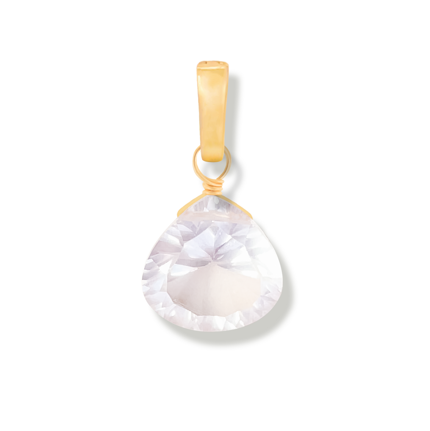 Gold pendant with a rose quartz teardrop-shaped gemstone on a white background