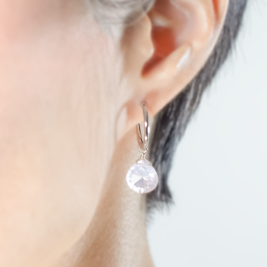 Rose Quartz Teardrop Cut Rhodium Hoop Earrings