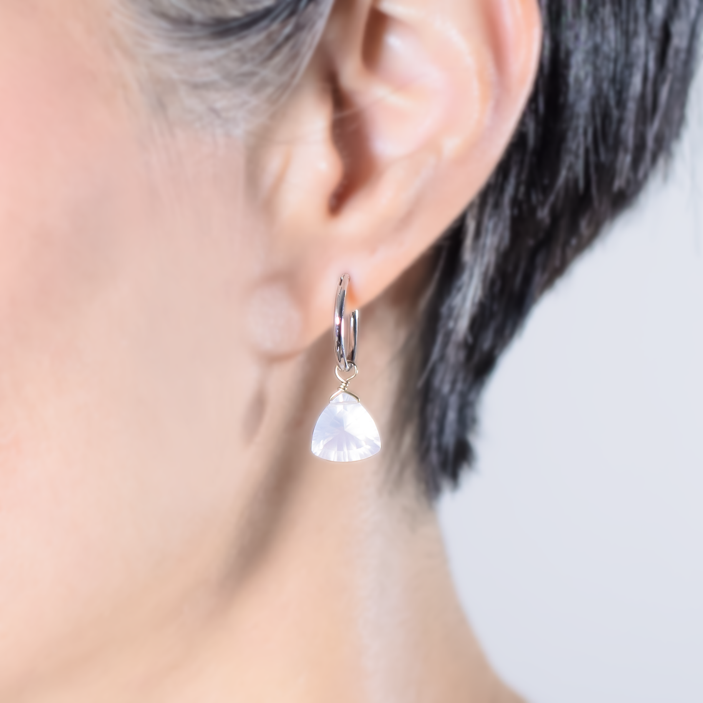 Rose Quartz Trillion Cut Rhodium Hoop Earrings