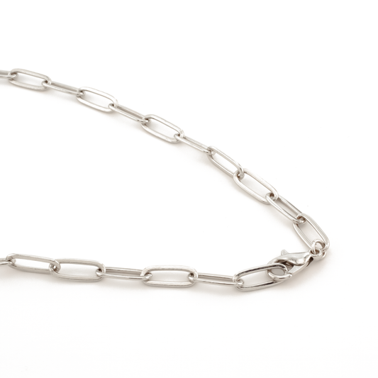 closup of silver clasp paperclip chain necklace on white background.
