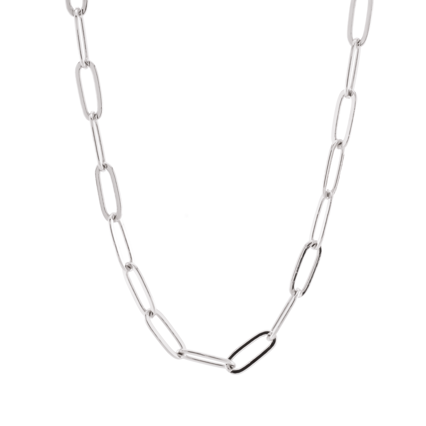Silver paperclip chain necklace on a white background