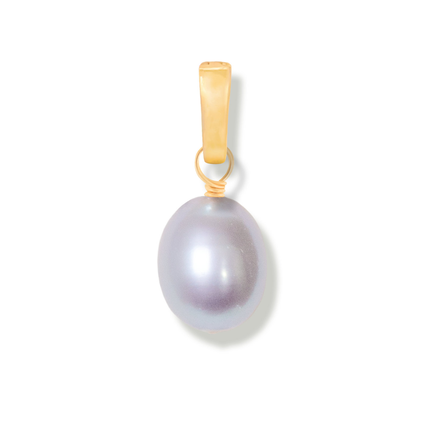 grey rice shaped pearl pendant with gold charm on a white background