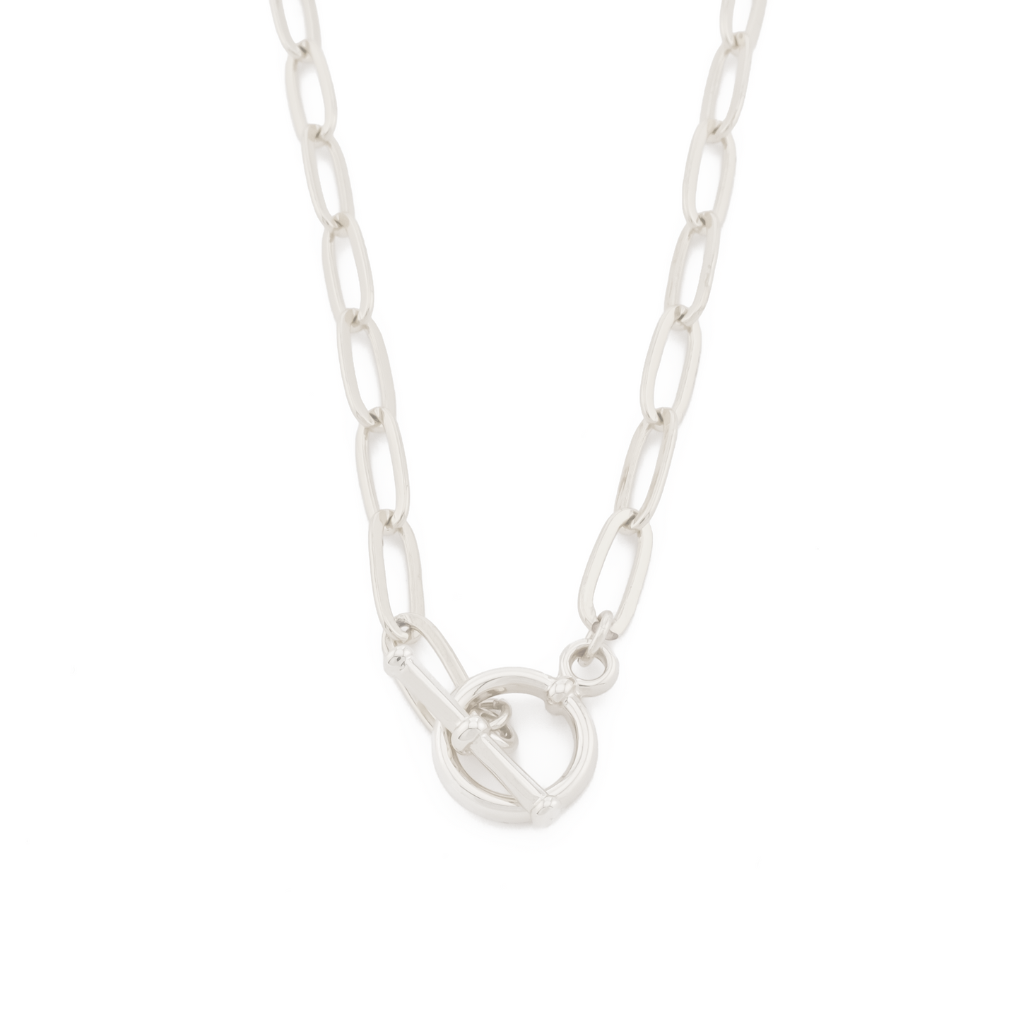 sterling silver-filled paperclip chain necklace with toggle clasp on a white background.