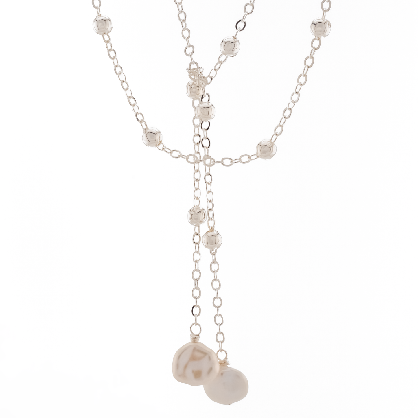 sterling silver over brass satellite chain wrap necklace with keishi pearl drops on a white background.