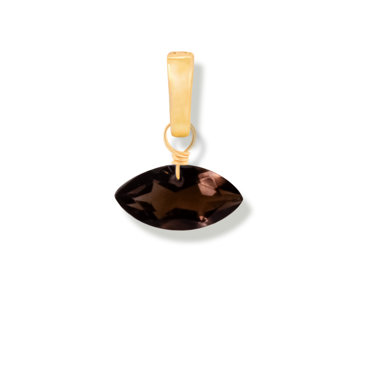Gold pendant with a smoky quartz marquise cut gemstone on a white background