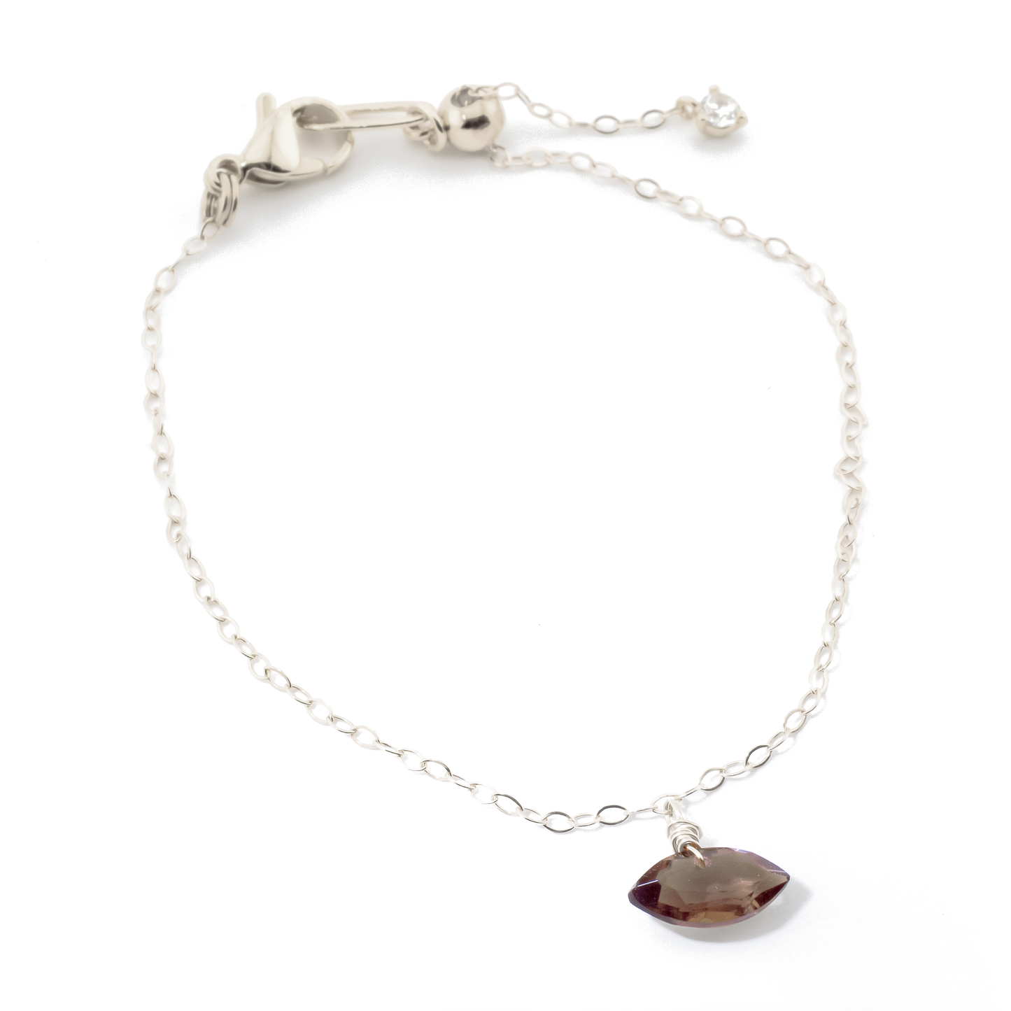 Sterling Silver bracelet with a smoky quartz marquise cut gemstone on a white background