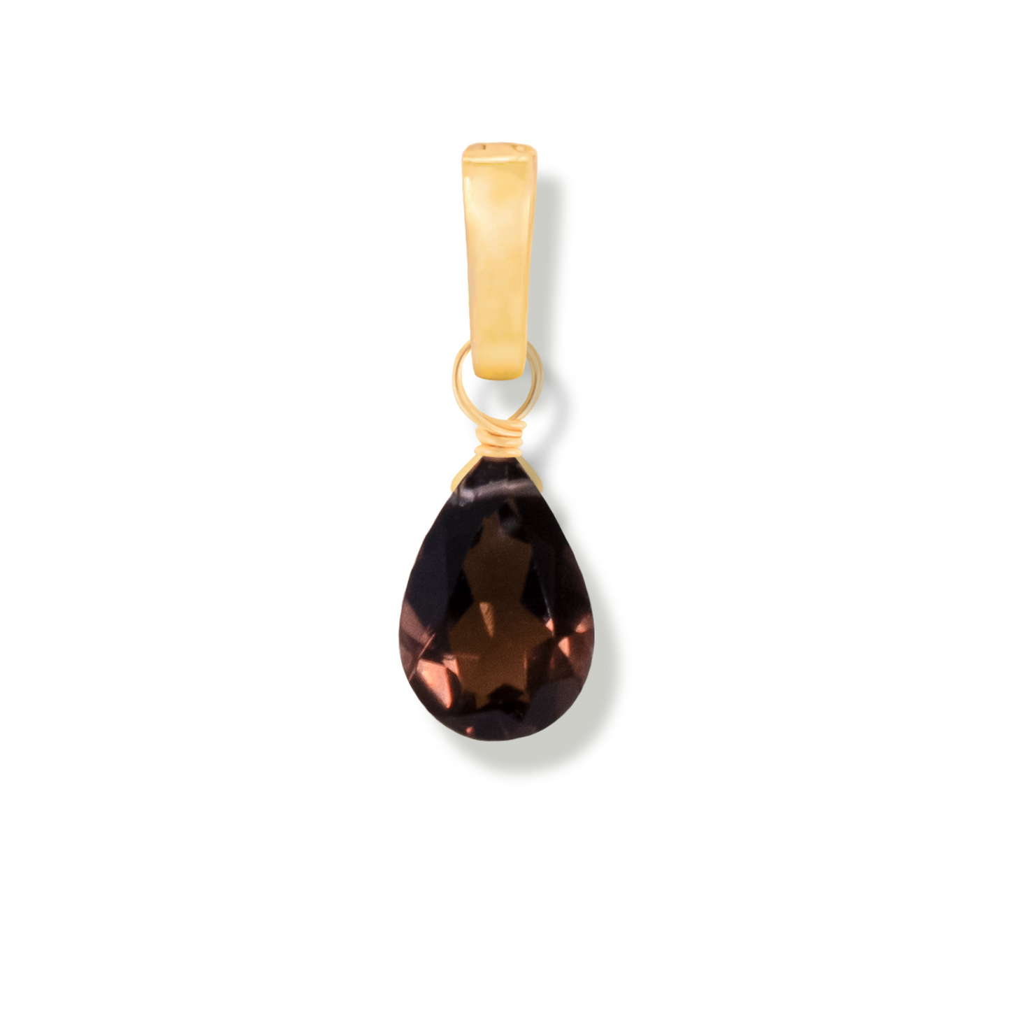 Gold pendant with a pear cut smoky quartz stone on a white background