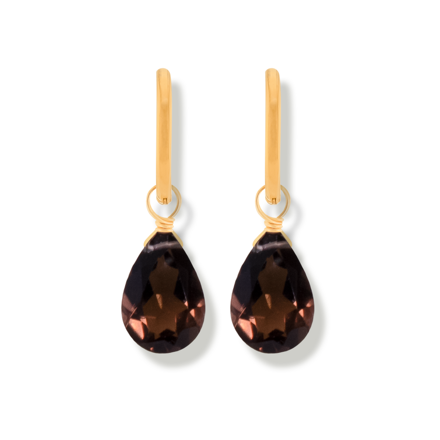 Pair of gold earrings with smoky quartz pear cut gemstones on a white background