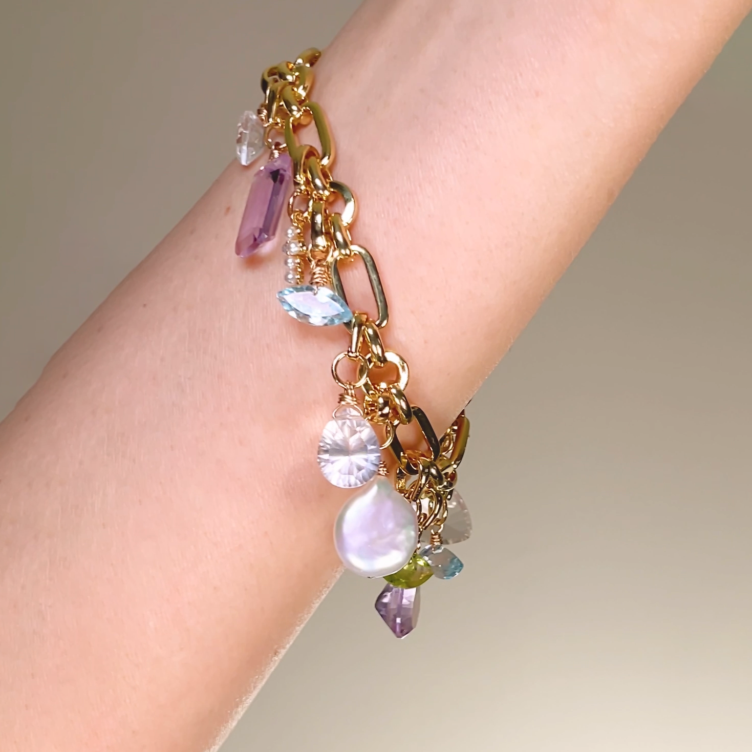 Multiple gemstone and pearl charms on goldfill charm holder paperclip necklace