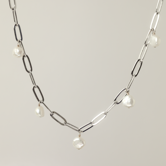 Baroque Pearl 5 Station Sterling Silver-Filled Paperclip Necklace
