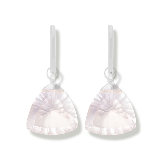 Rose Quartz Trillion Cut Rhodium Hoop Earrings