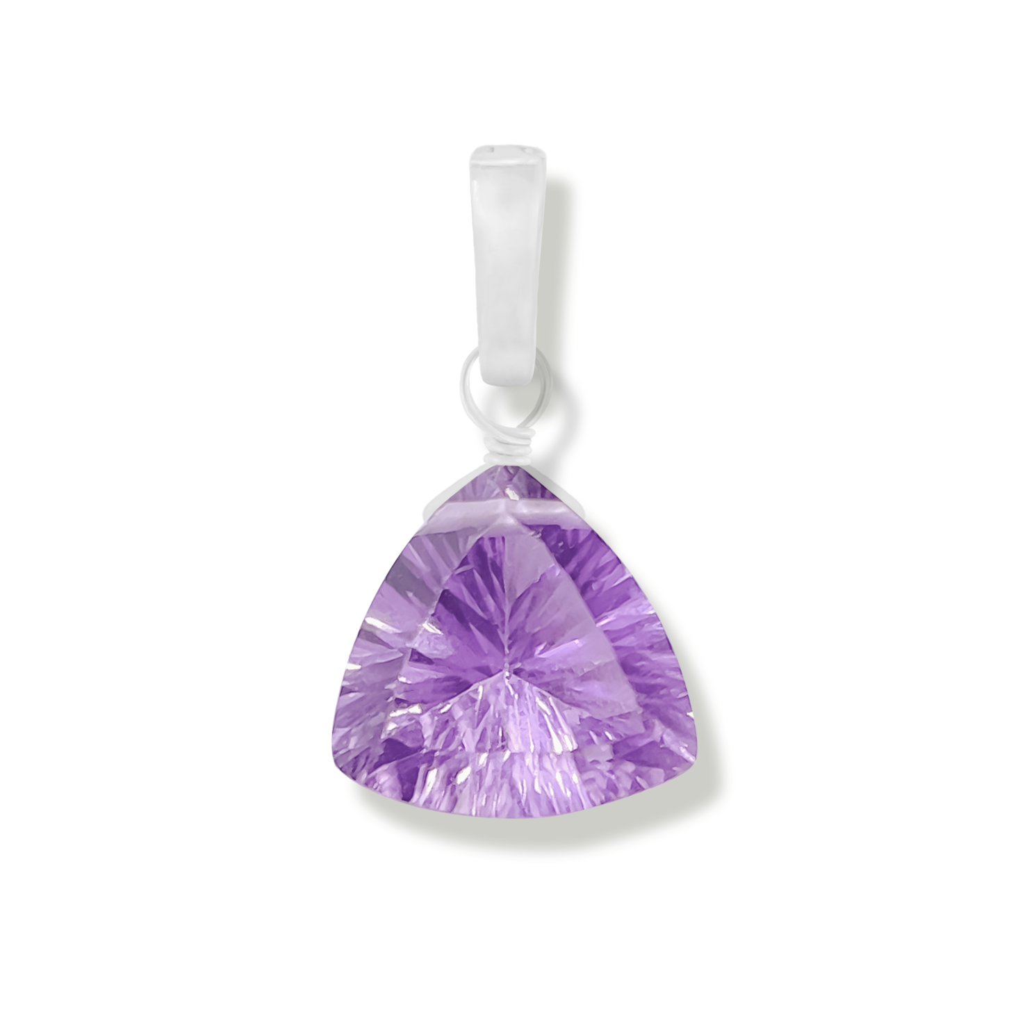 brazilian pink amethyst trillion cut gemstone charm on a white background.