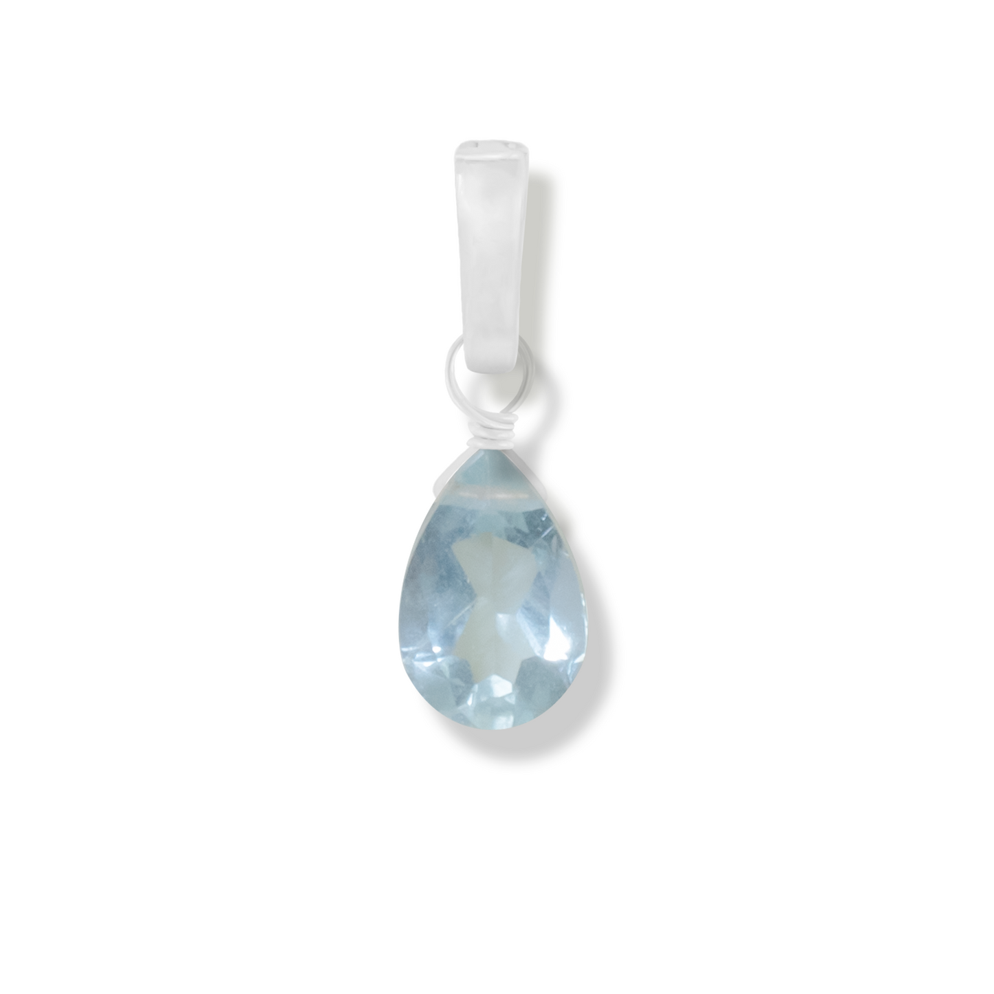 aquamarine pear cut charm on a white background.