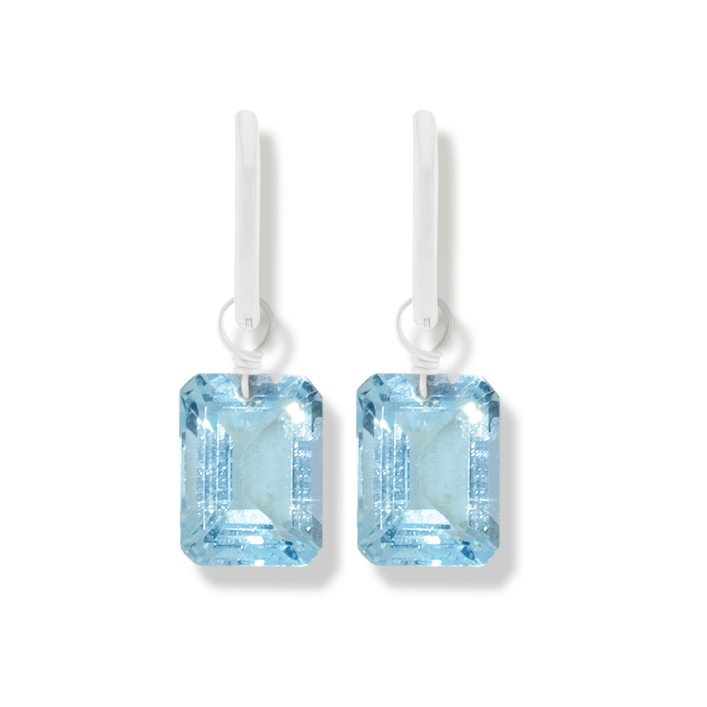 Blue Topaz Emerald Cut Rhodium Hoop Earrings