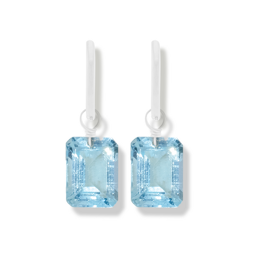 Blue Topaz Emerald Cut Rhodium Hoop Earrings