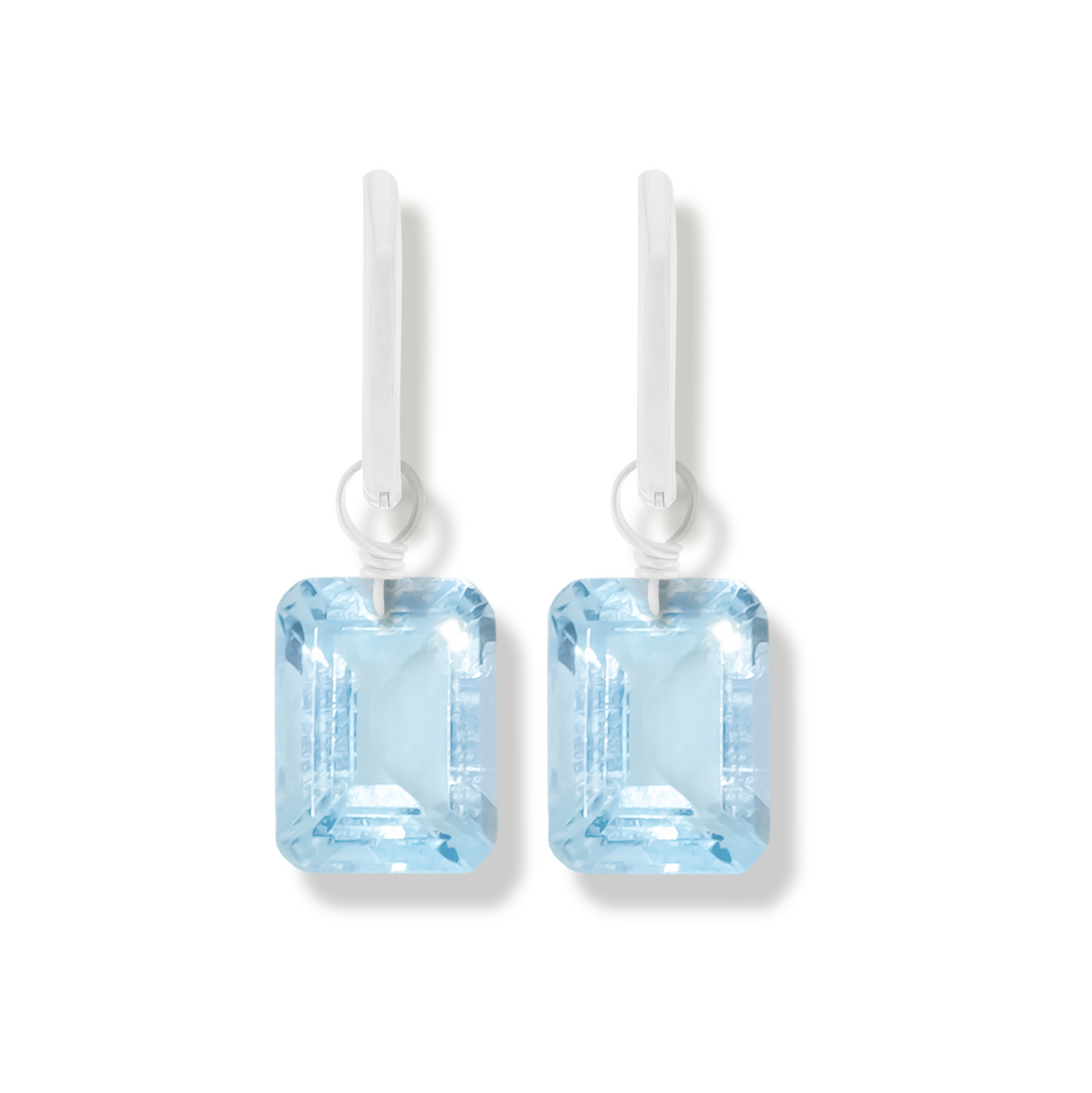 Blue Topaz Emerald Cut Rhodium Hoop Earrings