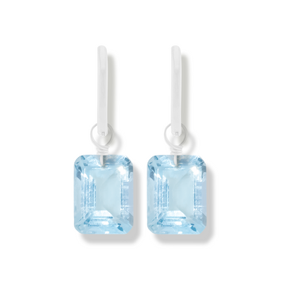 Blue Topaz Emerald Cut Rhodium Hoop Earrings